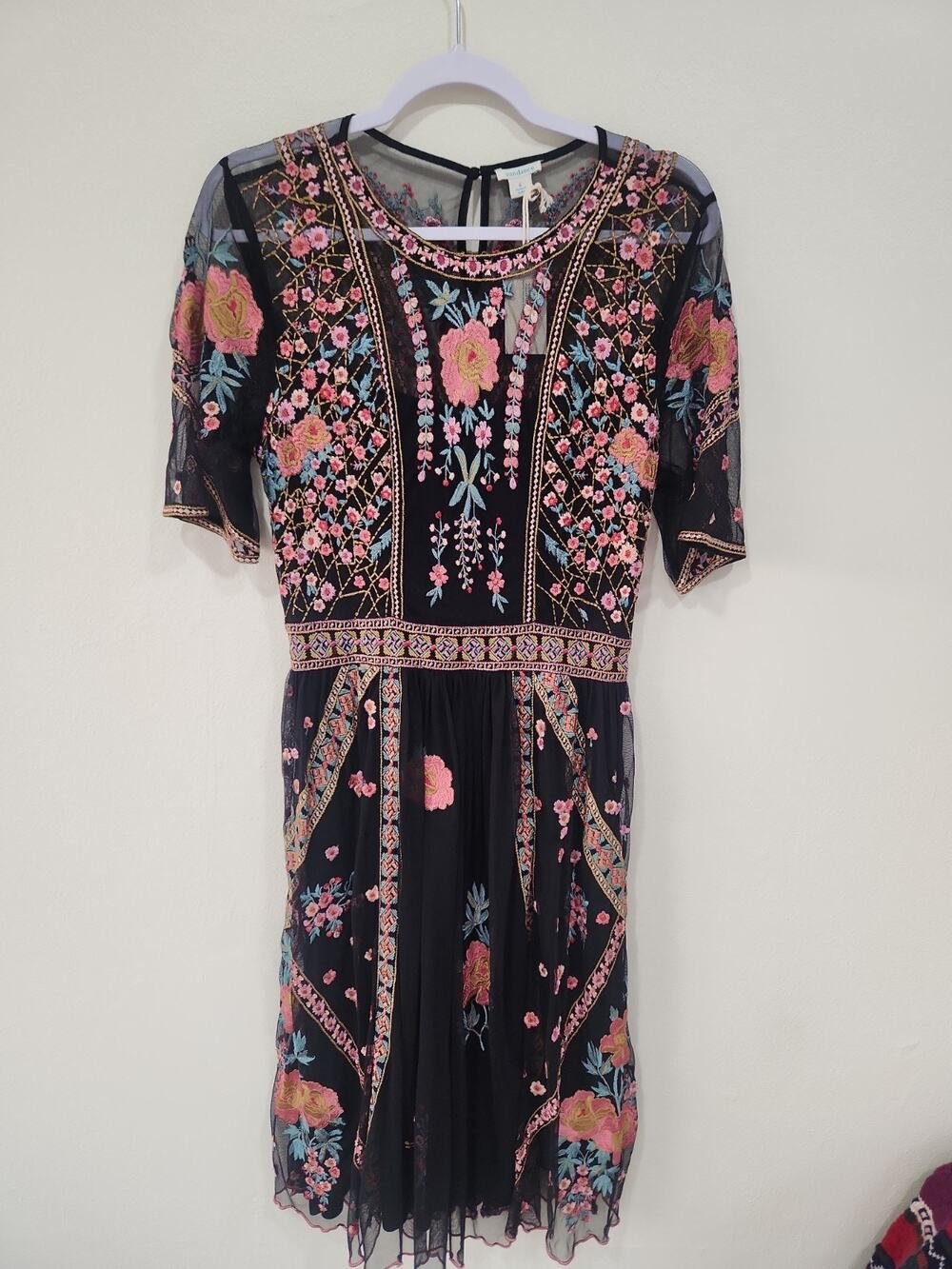 Sundance Roxanna Embroidered Mesh Dress Boho Fall Wedding Cocktail Dress size S